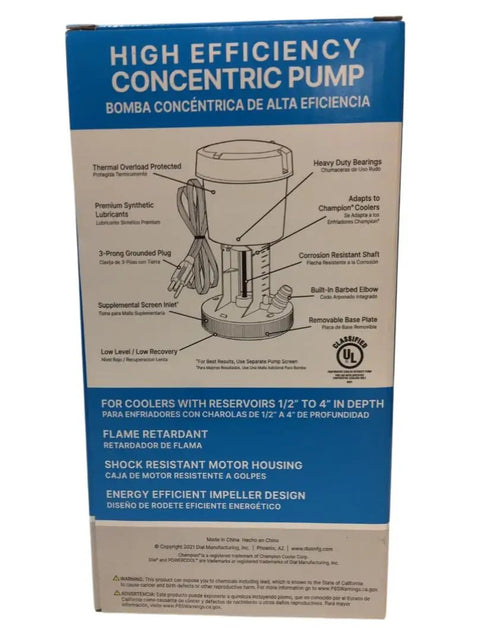 Heavy Duty Workhorse Evaporator Pump For Swamp Coolers 115V Concentric Motor Plug And Play Setup With Auto Thermal Overload is shown on packaging.