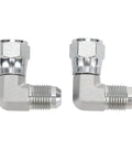 Rock Solid 3/8 Inch 90 Degree Elbow Hydraulic Fitting With 360 Rotating Female Port Made From Tough Carbon Steel Capable Of Withstanding Pressures Up To 3000 PSI Engineered For Zero Leak Proof Best For Heavy Gear Running Hard All Week Long. 3/8-inch steel elbow fitting shown in two angles