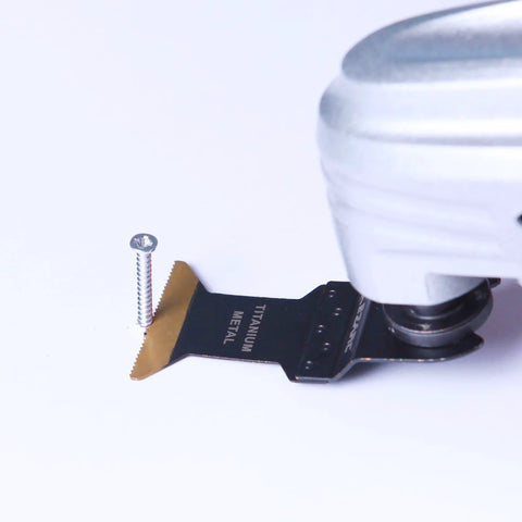 EZARC titanium oscillating tool blade with serrated gold edge for metal/wood cutting, close-up.