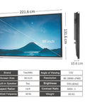 Next Level 98 Inch Touchscreen Monitor and Interactive Smart Board Featuring a Slick 4k Digital Whiteboard With Dual Android Windows Setup for Game Changing Office Presentations and Classroom Digital Signage Display, showcasing dimensions and features.