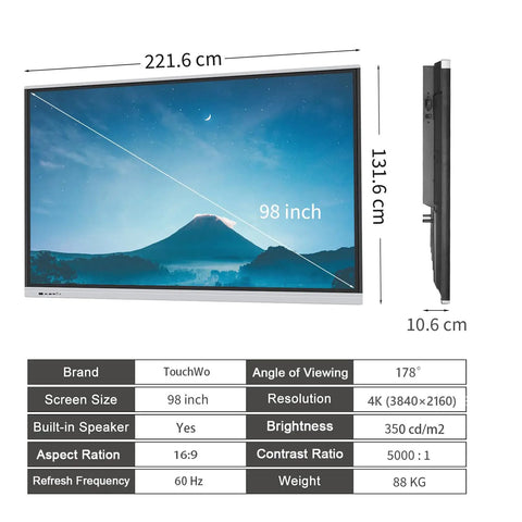 Next Level 98 Inch Touchscreen Monitor and Interactive Smart Board Featuring a Slick 4k Digital Whiteboard With Dual Android Windows Setup for Game Changing Office Presentations and Classroom Digital Signage Display, showcasing dimensions and features.