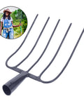 Heavy Duty Manure Fork And Garden Pitch Fork For Farm Use A Rugged Workhorse, dark blue iron tool with five tines visible.