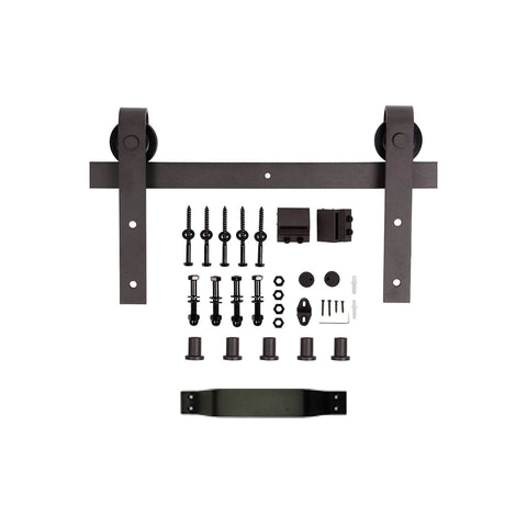 Knotty Pine Sliding Barn Door Kit hardware, smooth silent tracks, dark walnut finish, handcrafted in USA, unassembled panels