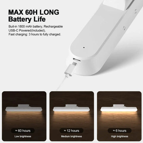 USB-C cable charging Wireless Under Cabinet Lights 56 LED With Touch Control, Magnetic Closet Lighting, dimming levels visible.