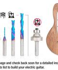 Heavy Duty 6 Piece Cnc Router Bit Set Featuring Quarter Inch Shank, displayed alongside electric guitar components.