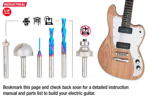 Heavy Duty 6 Piece Cnc Router Bit Set Featuring Quarter Inch Shank, displayed alongside electric guitar components.