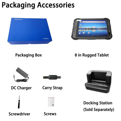 Tank Like 8 Inch Rugged Tablet Android 11 Industrial Workhorse Featuring Octa Core Chip 8GB Ram 256GB Storage IP65 Weatherproof Shell 10000Mah Juice Tank packaging accessories including box, charger, carry strap, screwdriver, and docking station