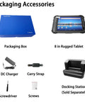 Packaging accessories for 8-Inch Rugged Tablet Android 11 Octa-Core, including box, charger, strap, screwdriver, and docking station.