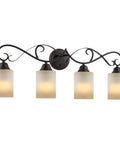 Traditional 31 Inch Four Light Vanity Light With Scrollwork Arms And Frosted Amber Glass Shades In Oil Rubbed Bronze Finish