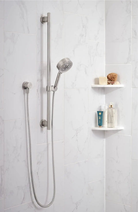 Versa Metal Shower Slide Bar with adjustable angle and height, brushed nickel metal, easy install, for hand showers, in bathroom.