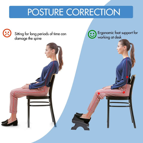 Comparison of sitting posture with and without Under Desk Footrest With Massage Rollers, supporting up to 120 lbs for leg pain relief.