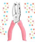 Pink Star Shaped Hole Puncher Five Millimeter With Rubber Grip Handle for crafting, surrounded by colorful star cutouts, ideal tool for DIY projects.