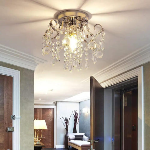 Small Crystal Chandelier Flush Mount Modern Mini Ceiling Light Fixture for hallway entryway with chrome and K9 crystal sparkle finish