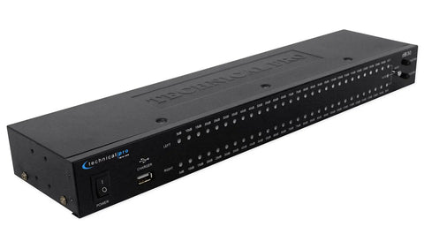 1U Rack Mount Decibel Meter Display With Eight Grounded Outlets Power Supply, RCA In Out, Dual Channel Sensitivity Adjust, Bright Rack Light Show, Ideal For Studio And Live Sound Gear. Black 1U rack unit with front power switch and USB port