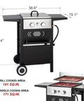 Two Burner Griddle Grill Combo With Cast Iron Plate, 20000 BTU Propane Gas BBQ for Camping, Patio or Balcony, 191 sq in flat top surface