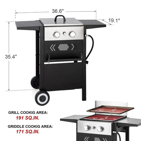 Two Burner Griddle Grill Combo With Cast Iron Plate, 20000 BTU Propane Gas BBQ for Camping, Patio or Balcony, 191 sq in flat top surface