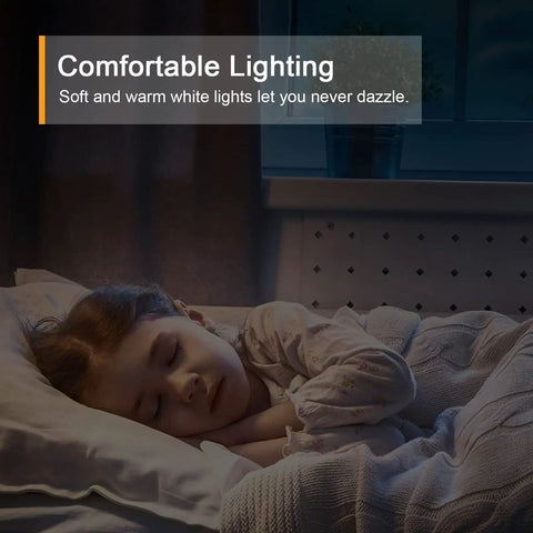 Child sleeping under soft lighting from Rechargeable Motion Sensor Night Light With Dusk To Dawn Sensor Stick On No Fuss Cool White LED Closet Light Auto On Off 120 Degree Detection And 10 To 13 Ft Range Stepless Brightness.