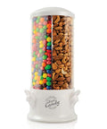 Stay Stocked On Your Favorite Treats Triple Compartment Candy Vending Machine Dispenser filled with colorful candies and nuts.