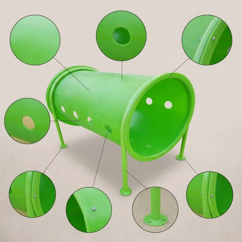 Built To Last Outdoor Dog Agility Equipment Set For Backyard Training with green tunnel showing hole design and metal supports.