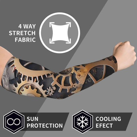 Lock In Your Cool Vibe With These Dope Steampunk Mechanical Gears Arm Sleeves showcasing 4-way stretch fabric for sun protection.