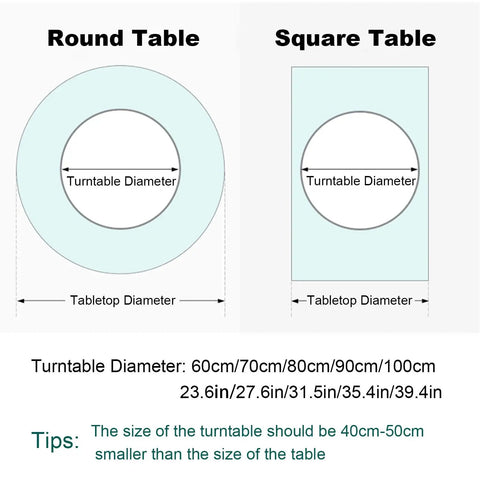 Diagram showing round and square table dimensions for the Purple Marble Lazy Susan Turntable 24 Inch Round Dining Tray Rotating Service Plate With 360 Degree Silent Spin For Kitchen Heavy Duty Rock Slab Organizer Built For Home Or Restaurant Tables.