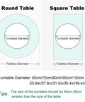 Diagram showing table sizing for Marble Lazy Susan Turntable For Kitchen And Dining Countertop Organizer Sintered Stone Rotating Serving Tray 360