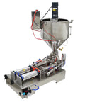 Dual Head Piston Filling Machine For Viscous Sauces And Creamy Lotions With Heated Hopper No Sweat Operation 50 To 500 Milliliter Capacity 110 Volt, stainless steel structure.
