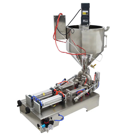 Dual Head Piston Filling Machine For Viscous Sauces And Creamy Lotions With Heated Hopper No Sweat Operation 50 To 500 Milliliter Capacity 110 Volt, stainless steel structure.