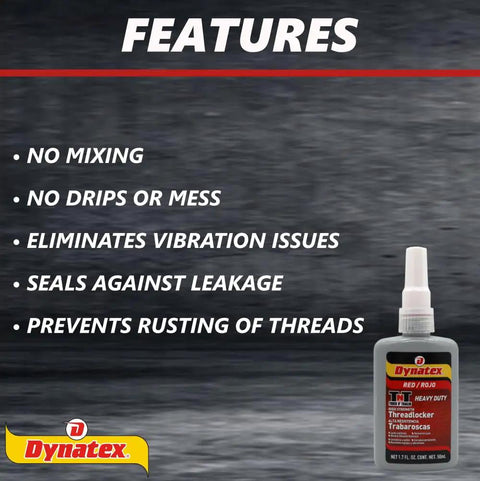 Red High Strength Threadlocker For Large Fasteners 1.70 Oz Bottle with list of features on side