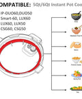 Diagram showing Replacement Silicone Sealing Ring 6 Qt For Instant Pot with compatible models and foods like soup and tofu.