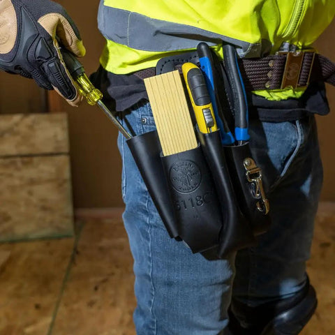Leather 4 Pocket Tool Pouch With Plier, Ruler And Screwdriver Holders, Worksite Tough Belt Tool Organizer For Pros on belt
