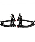 Universal Front And Rear Motorcycle Stand Lift Combo In Black with front fork roller and swingarm Y lift, side view.
