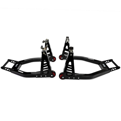 Universal Front And Rear Motorcycle Stand Lift Combo In Black with front fork roller and swingarm Y lift, side view.