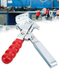Heavy Duty Welding Toggle Clamp For Woodworking Jigs And Fixtures With Quick Release, high strength metal, red handle, workshop background