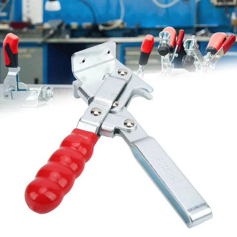 Heavy Duty Welding Toggle Clamp For Woodworking Jigs And Fixtures With Quick Release, high strength metal, red handle, workshop background
