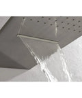 Wall Mounted Waterfall Rain Shower System with 3 Body Sprays & Handheld Shower, close-up of waterfall feature in brushed nickel.