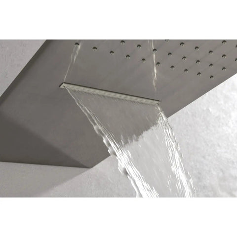 Wall Mounted Waterfall Rain Shower System with 3 Body Sprays & Handheld Shower, close-up of waterfall feature in brushed nickel.
