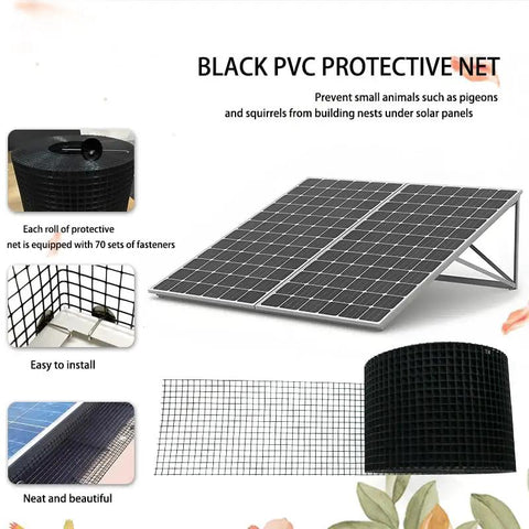 Lock Down Your Roof With This Heavy Duty Solar Panel Protective Net Stops Freeloading Critters Dead In Their Tracks Comes Loaded With Fasteners For A Super Smooth Rooftop Setup displaying protective net and solar panels.