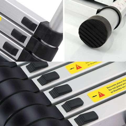 Close-up of 12.5 Ft Telescoping Aluminum Ladder With 330 Lb Capacity Go To Extendable Multi Purpose Retractable Ladder, showing locking mechanisms and rubber feet.