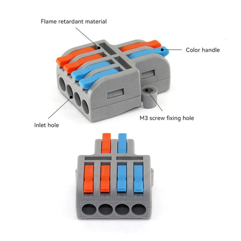 Quick Connect Mini Wire Splitter For Home Projects: Fast Push-In Terminals Splice Solid Stranded Copper Easily With Flame Retardant Housing And Tin Plated Contacts Perfect For Lights, 4-port