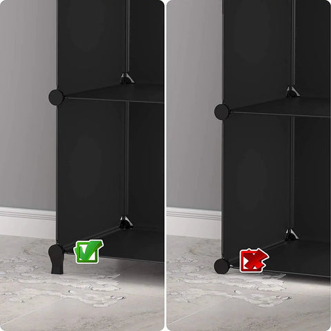 Comparison of 12 Cube Storage Organizer Closet System showing proper and improper assembly with ABS connectors