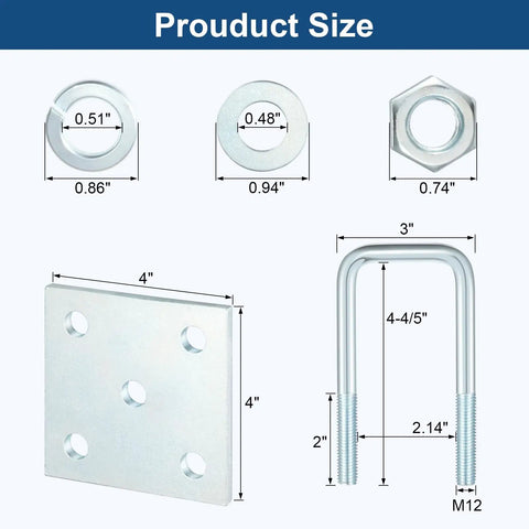 Two Piece Square U Bolt Kit For Boat Trailer Axle Leaf Springs Heavy Duty U Bolts with detailed product dimensions.