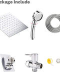 8 Inch High Pressure Rainfall Shower Head Set With Stainless Steel Finish Three Spray Settings Handheld On Off Shower 87 Inch Hose Three Way Diverter Holder And No Fuss Installation package contents