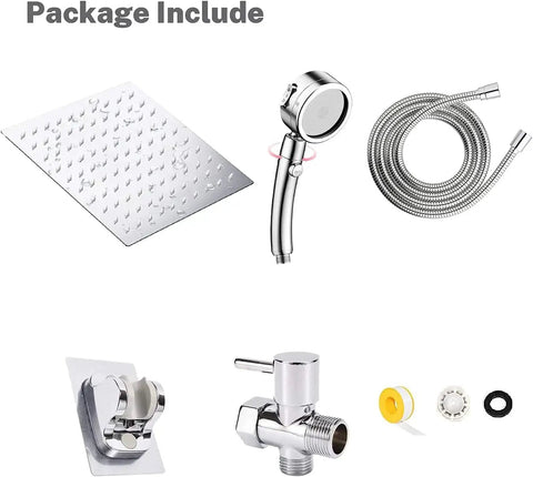 8 Inch High Pressure Rainfall Shower Head Set With Stainless Steel Finish Three Spray Settings Handheld On Off Shower 87 Inch Hose Three Way Diverter Holder And No Fuss Installation package contents