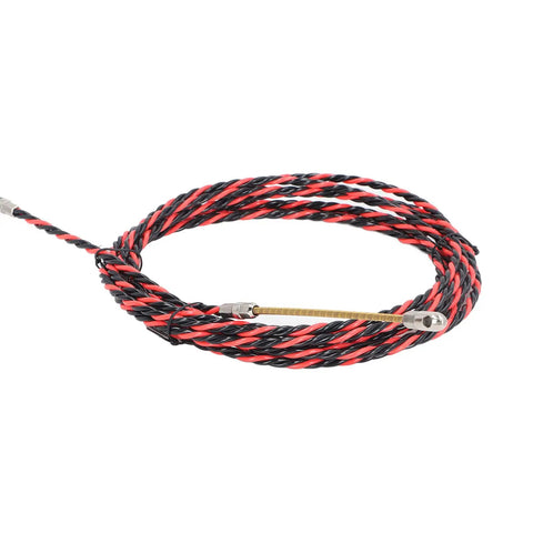 Pro Grade Fish Tape Wire Threader for Electricians, Flexible Spring Cable Puller Tool for Conduit Wiring, Manual Threading Device with Bright Color for Easy Visibility, Includes Gloves and Ties, Durable Steel Construction coiled red and black steel wire puller