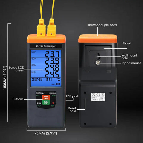 Front and back view of 4 Channel Digital K Type Thermocouple Data Logger With 48K Records Pro Grade Temperature Recorder with ports and screen