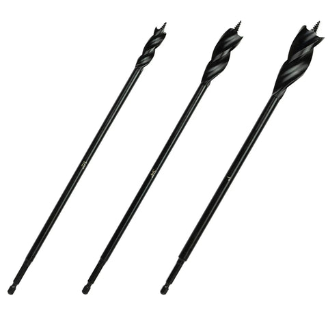 Three Piece Twelve Inch Wood Auger Bit Set With One Quarter Inch Quick Change Hex Shank, Three Flute Design, front view