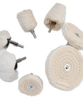 Top Tier 7 Pcs Polishing Wheel Kit With Buffing Flannel Abrasive Tools For Car Detailing Auto Body Work and Metal Shining Projects, showing varied cotton buffing wheels.
