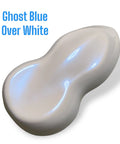 Automotive Basecoat Pigment Powder Ghost Blue Pearl Includes Mixing Spoon applied on car surface in ghost blue over white finish.