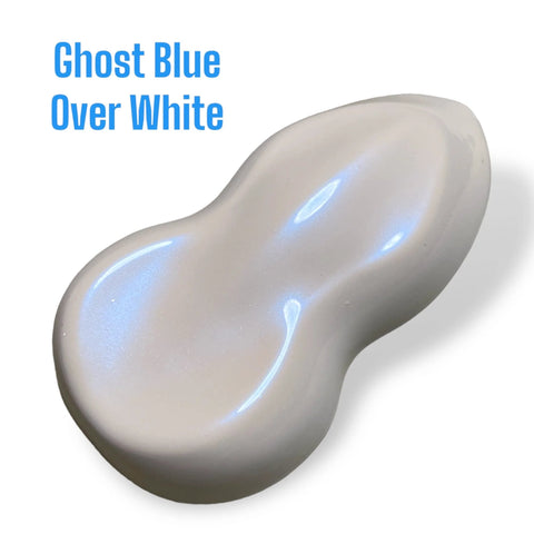 Automotive Basecoat Pigment Powder Ghost Blue Pearl Includes Mixing Spoon applied on car surface in ghost blue over white finish.